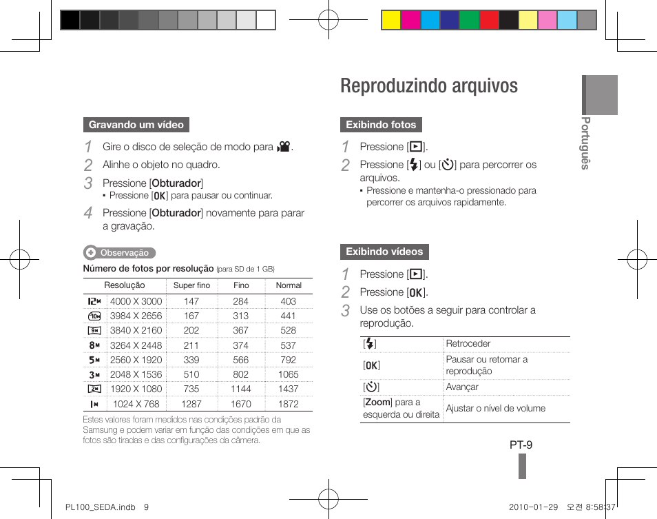 Reproduzindo arquivos | Samsung EC-PL100ZBPBPY User Manual | Page 9 / 36