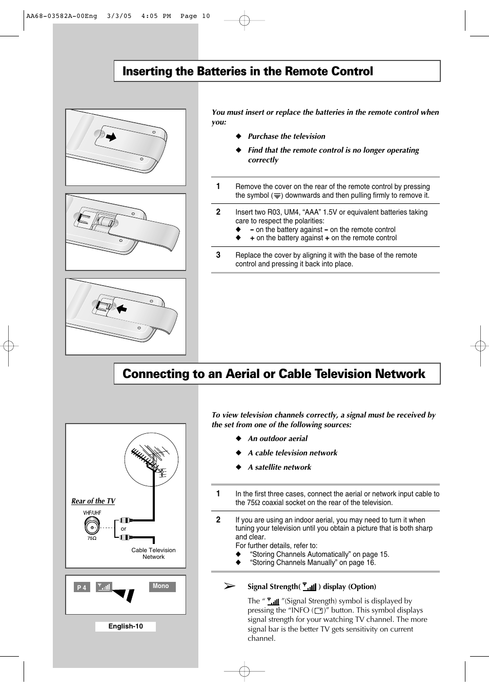 Inserting the batteries in the remote control | Samsung CS29K30MLDXAAG User Manual | Page 10 / 48