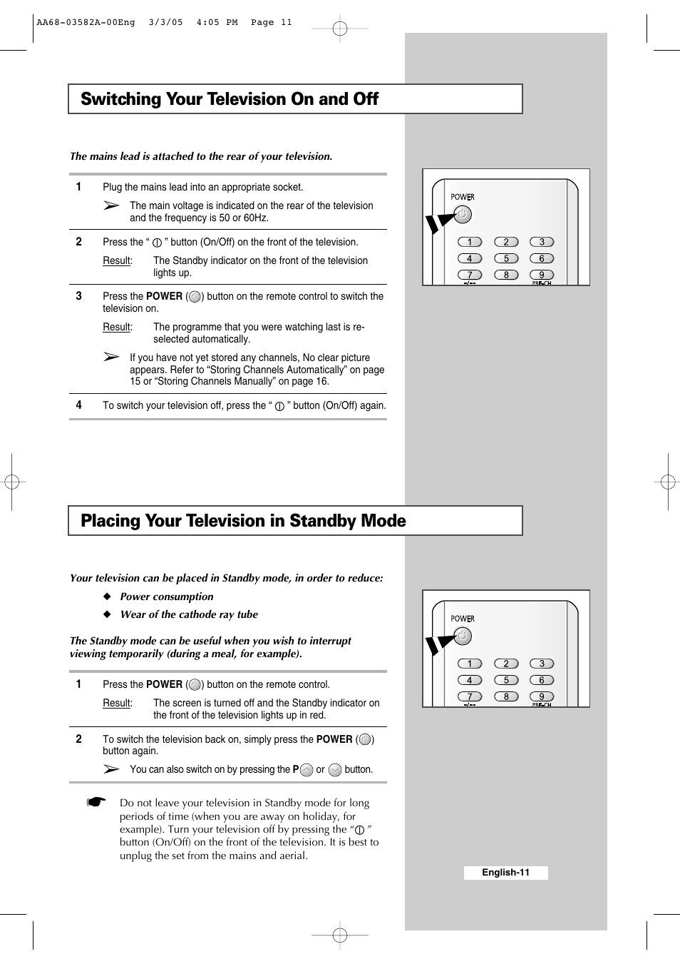 Switching your television on and off, Placing your television in standby mode | Samsung CS29K30MLDXAAG User Manual | Page 11 / 48