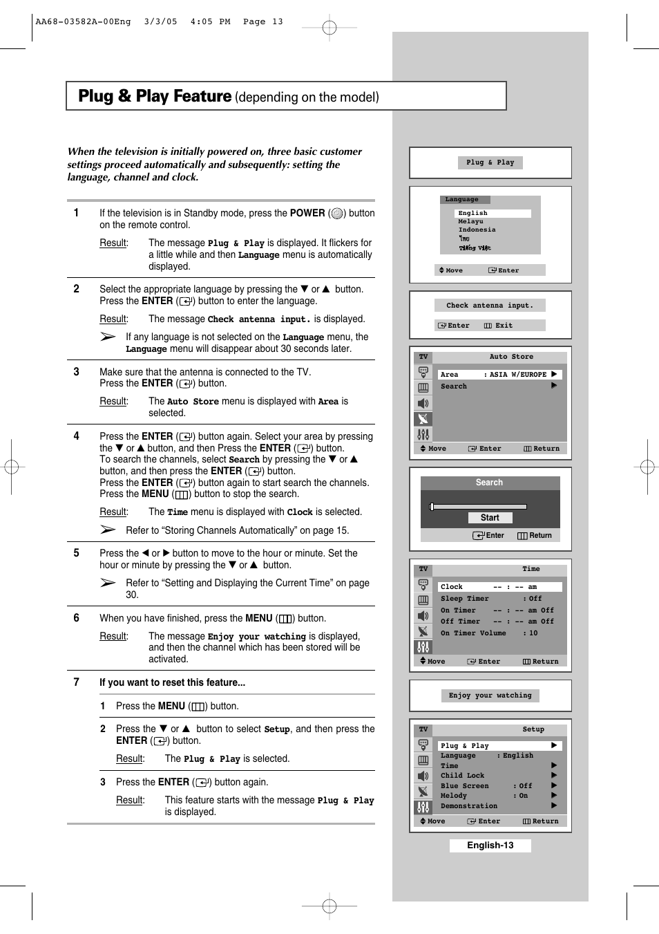 Plug & play feature (depending on the model), Plug & play feature, Depending on the model) | Samsung CS29K30MLDXAAG User Manual | Page 13 / 48