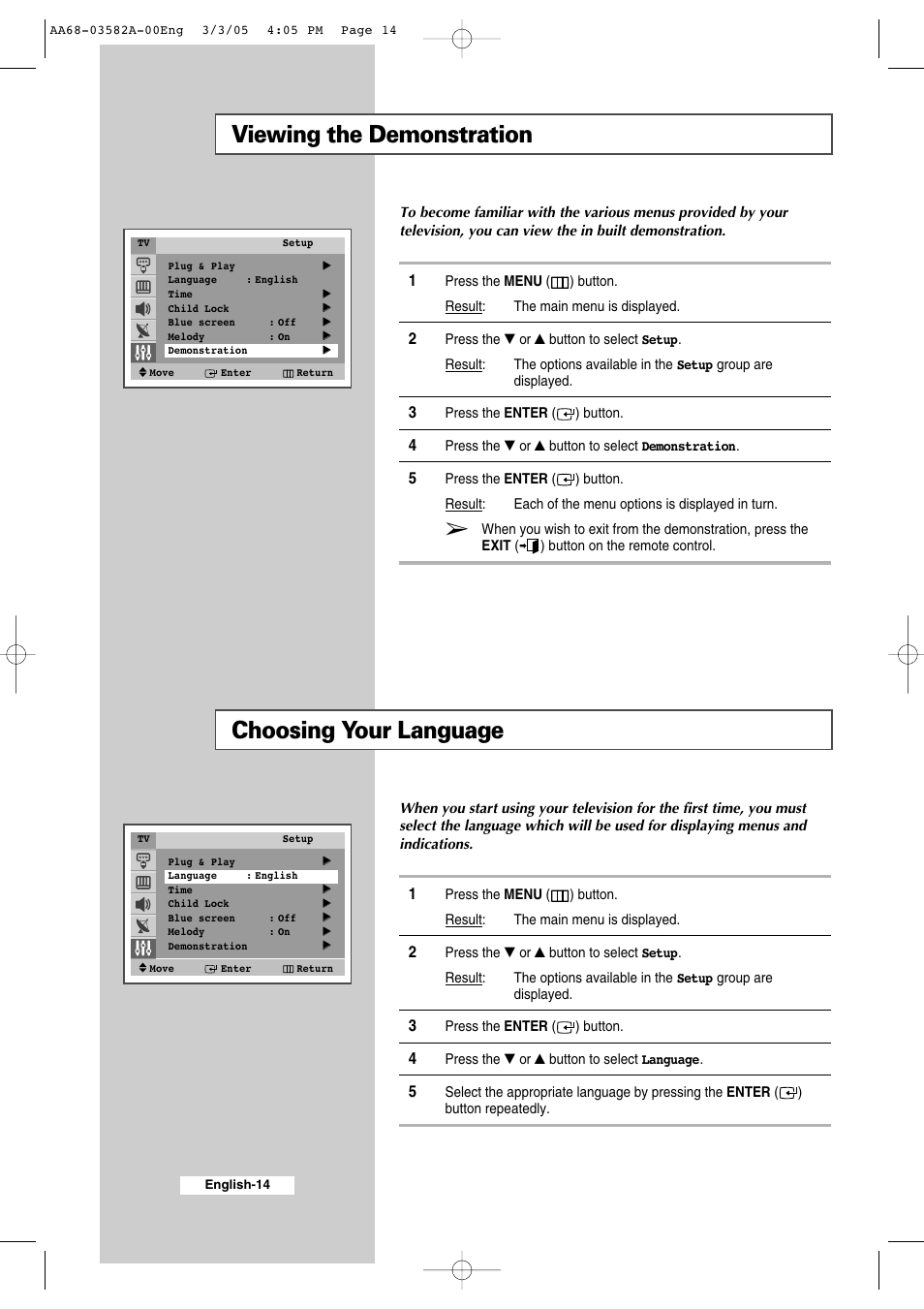Viewing the demonstration, Choosing your language | Samsung CS29K30MLDXAAG User Manual | Page 14 / 48