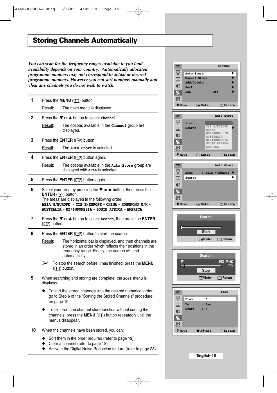 Setting the channels, Storing channels automatically | Samsung CS29K30MLDXAAG User Manual | Page 15 / 48