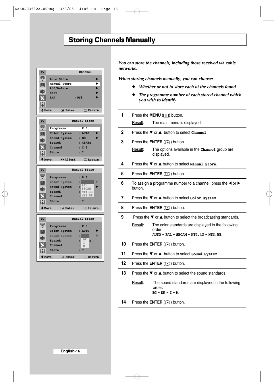 Storing channels manually | Samsung CS29K30MLDXAAG User Manual | Page 16 / 48