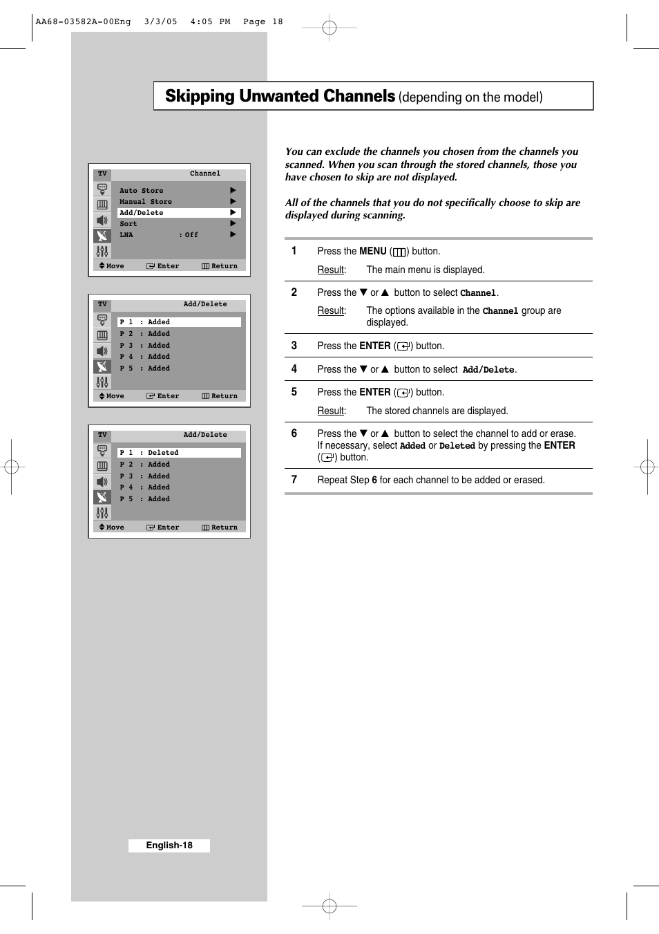 Skipping unwanted channels, Depending on the model) | Samsung CS29K30MLDXAAG User Manual | Page 18 / 48