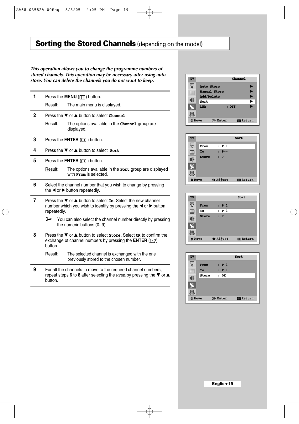 Sorting the stored channels, Depending on the model) | Samsung CS29K30MLDXAAG User Manual | Page 19 / 48