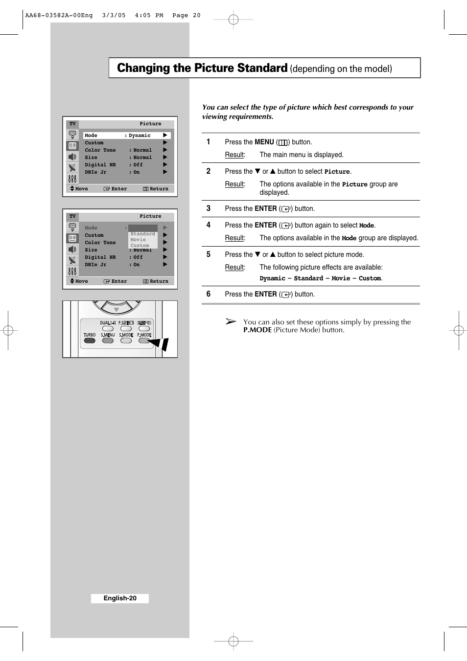 Using your television, Changing the picture standard, Depending on the model) | Samsung CS29K30MLDXAAG User Manual | Page 20 / 48