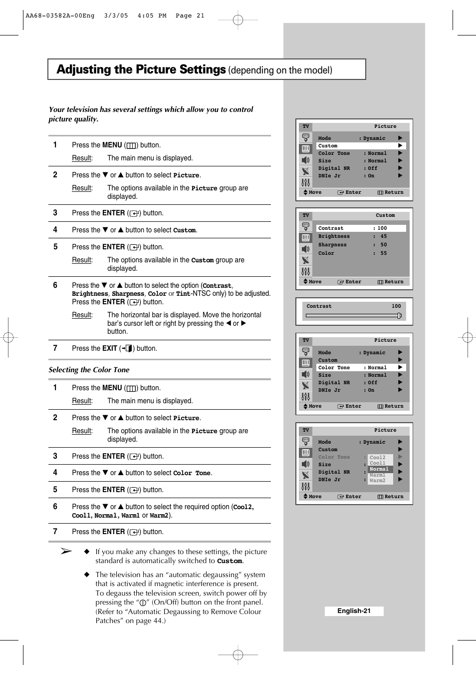 Adjusting the picture settings, Depending on the model) | Samsung CS29K30MLDXAAG User Manual | Page 21 / 48