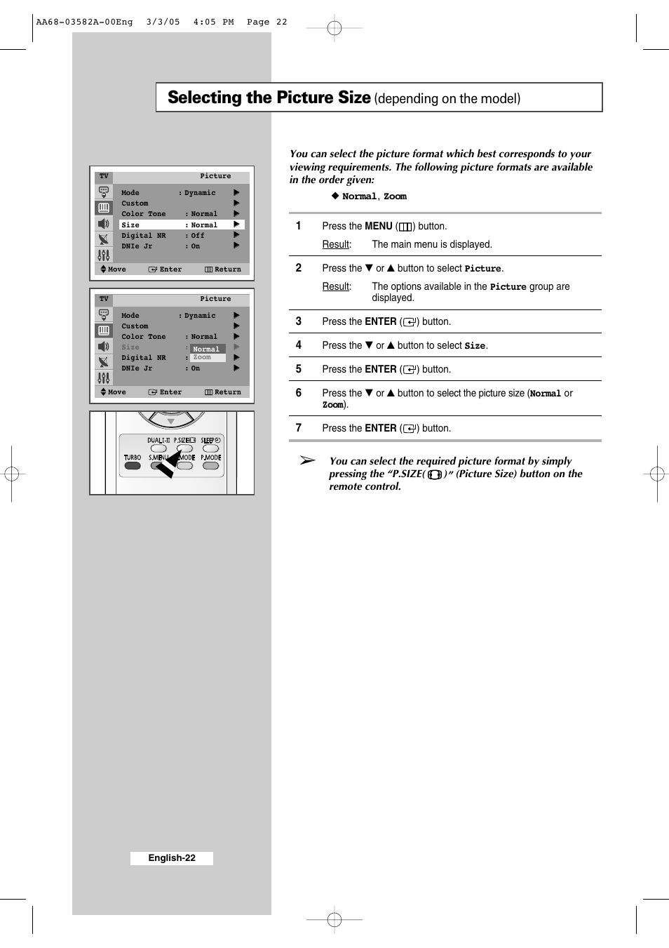 Selecting the picture size, Depending on the model) | Samsung CS29K30MLDXAAG User Manual | Page 22 / 48