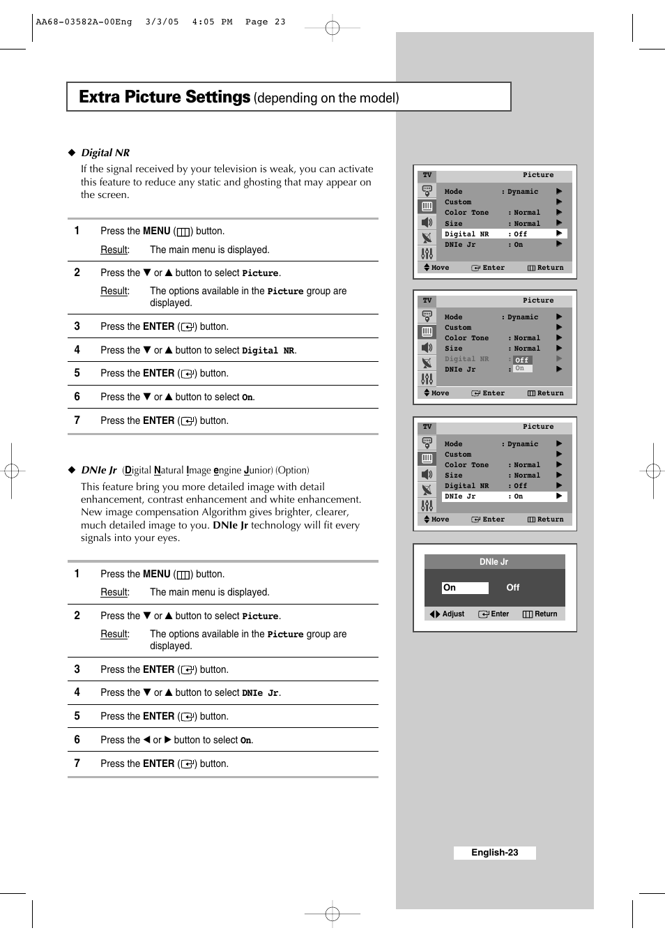 Extra picture settings (depending on the model), Extra picture settings, Depending on the model) | Samsung CS29K30MLDXAAG User Manual | Page 23 / 48