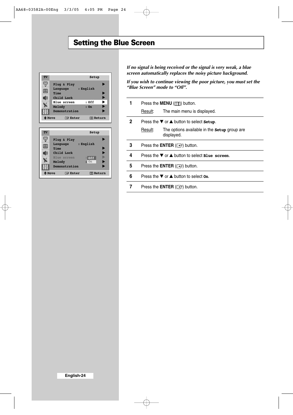 Setting the blue screen | Samsung CS29K30MLDXAAG User Manual | Page 24 / 48