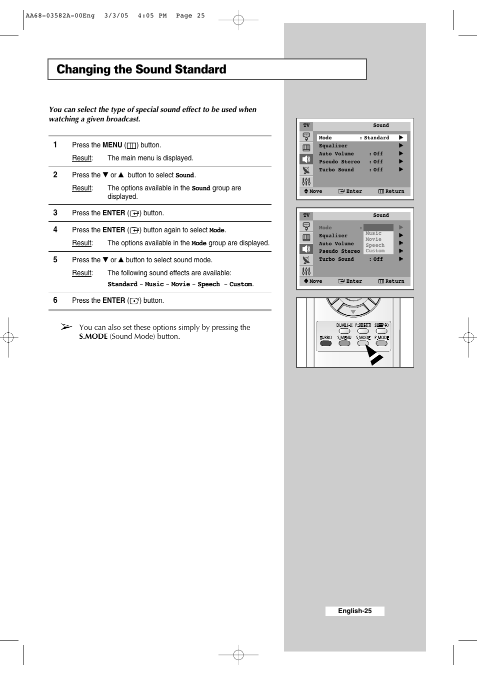 Changing the sound standard | Samsung CS29K30MLDXAAG User Manual | Page 25 / 48