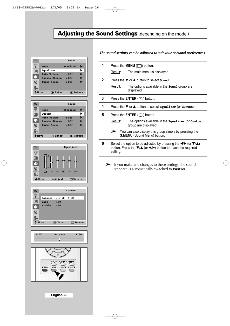 Adjusting the sound settings, Depending on the model) | Samsung CS29K30MLDXAAG User Manual | Page 26 / 48