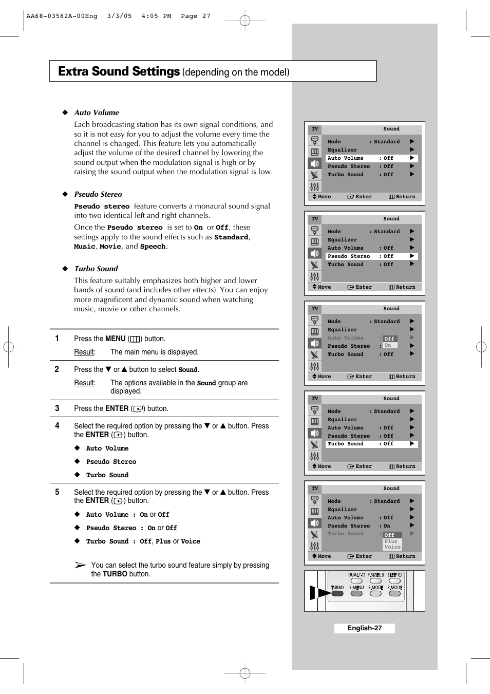 Extra sound settings (depending on the model), Extra sound settings, Depending on the model) | Samsung CS29K30MLDXAAG User Manual | Page 27 / 48