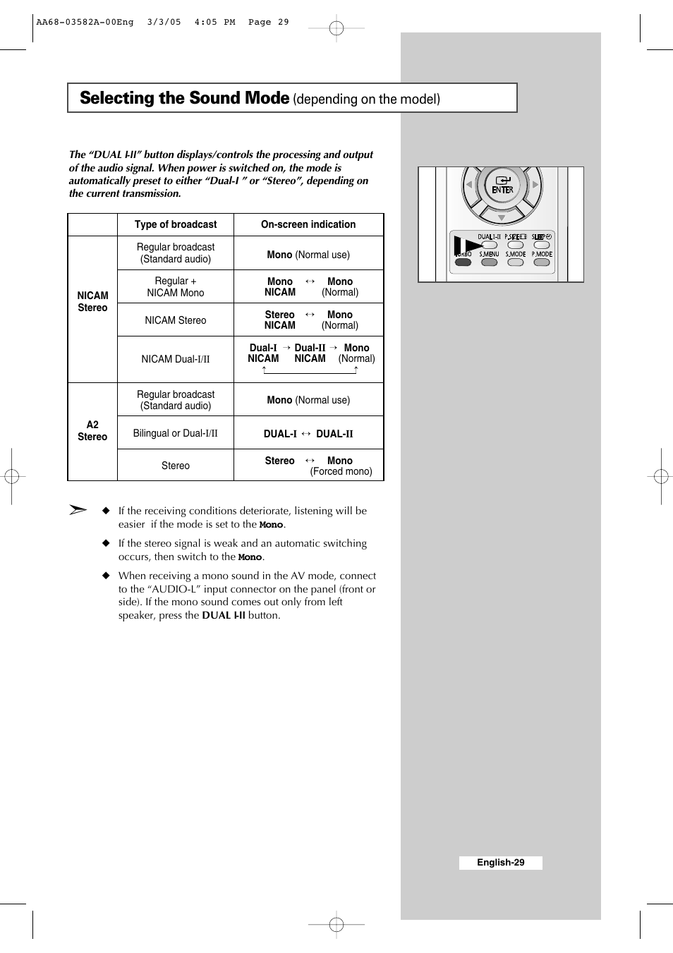 Selecting the sound mode (depending on the model), Selecting the sound mode, Depending on the model) | Samsung CS29K30MLDXAAG User Manual | Page 29 / 48