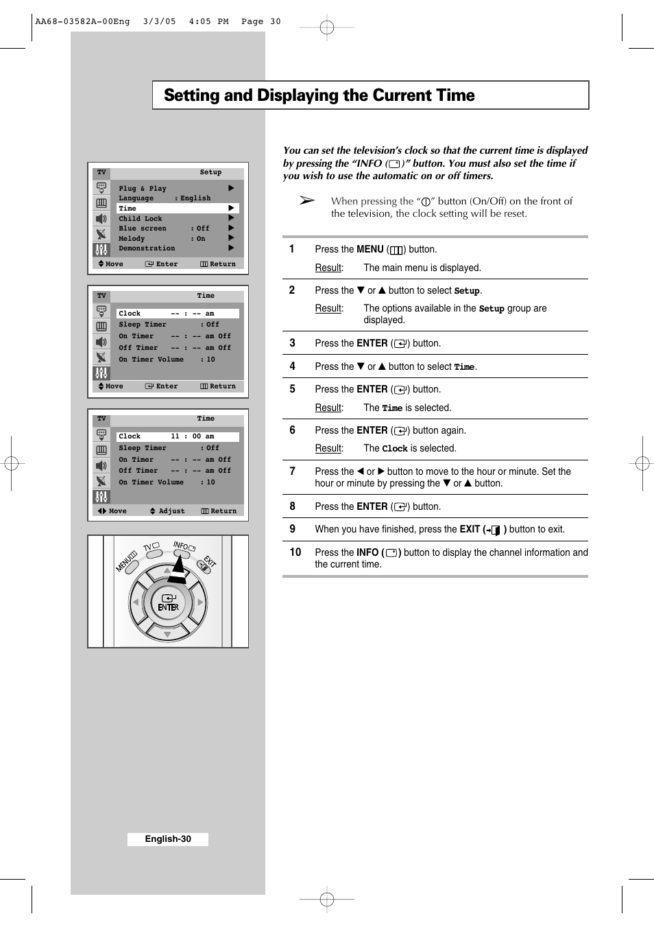 Setting and displaying the current time | Samsung CS29K30MLDXAAG User Manual | Page 30 / 48