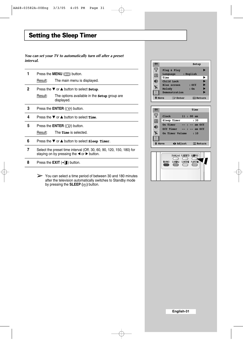 Setting the sleep timer | Samsung CS29K30MLDXAAG User Manual | Page 31 / 48
