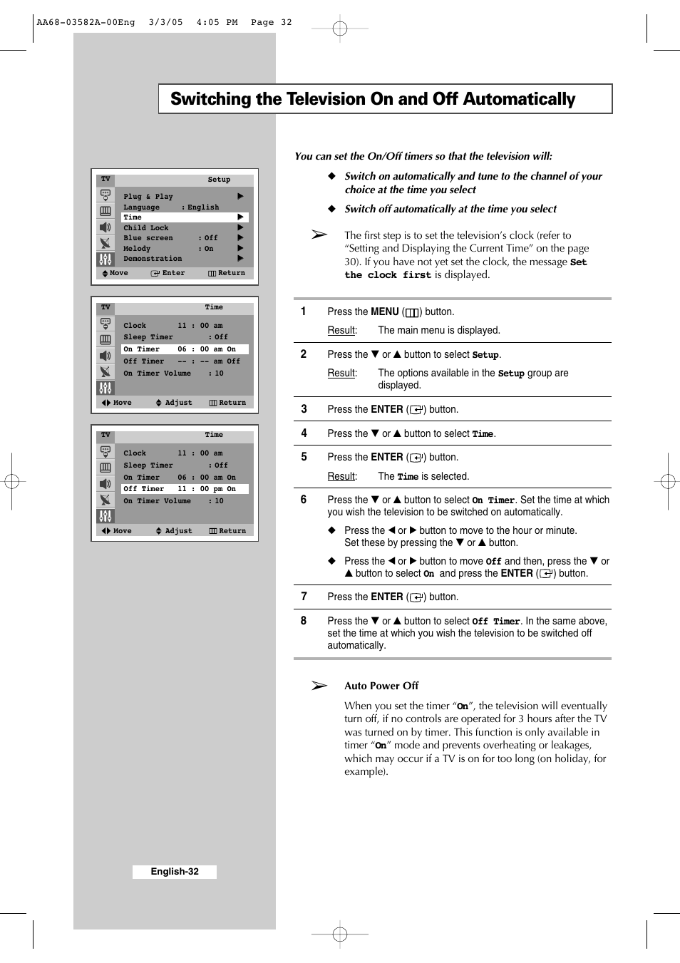 Switching the television on and off automatically | Samsung CS29K30MLDXAAG User Manual | Page 32 / 48