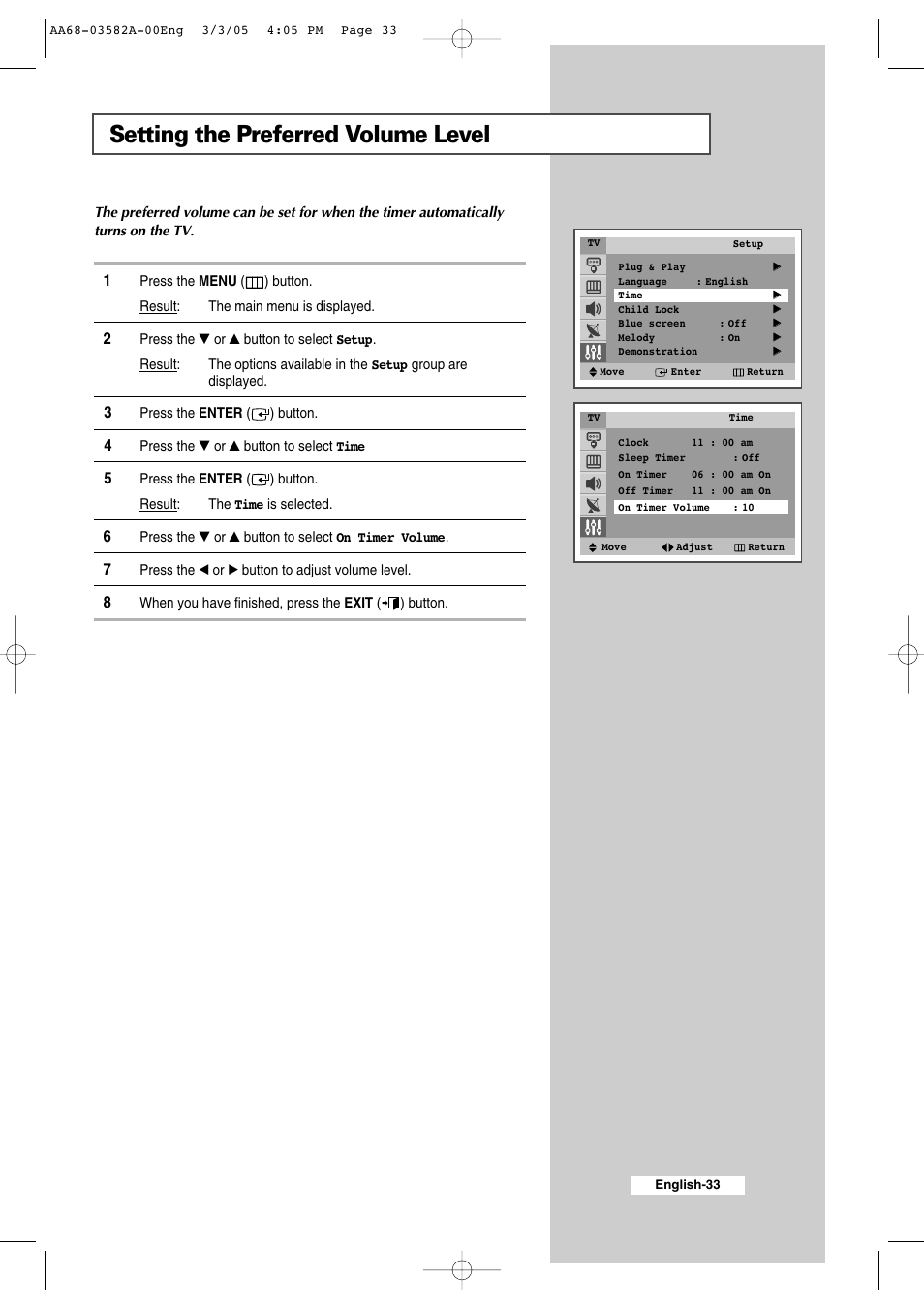 Setting the preferred volume level | Samsung CS29K30MLDXAAG User Manual | Page 33 / 48
