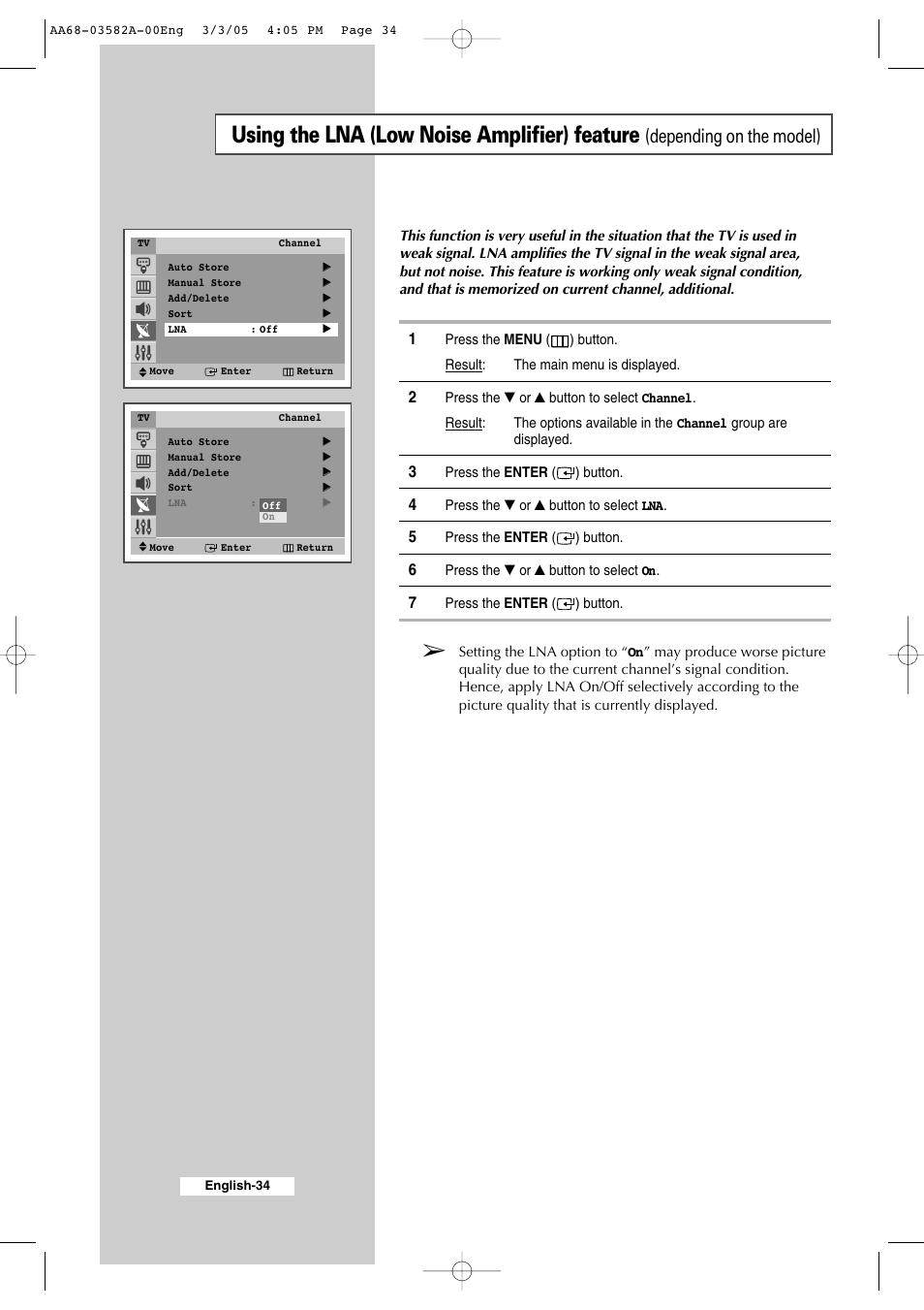Using the lna (low noise amplifier) feature, Depending on the model) | Samsung CS29K30MLDXAAG User Manual | Page 34 / 48