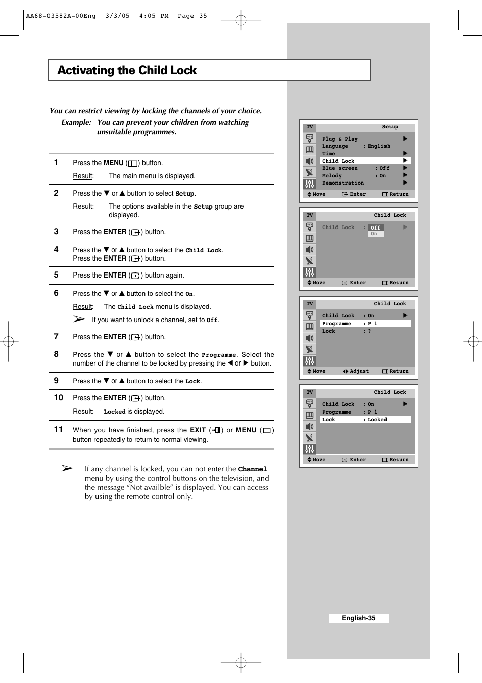 Activating the child lock | Samsung CS29K30MLDXAAG User Manual | Page 35 / 48