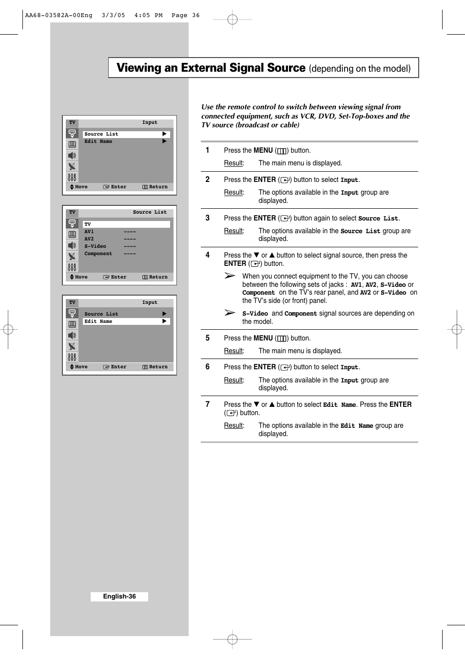 Viewing an external signal source, Depending on the model) | Samsung CS29K30MLDXAAG User Manual | Page 36 / 48