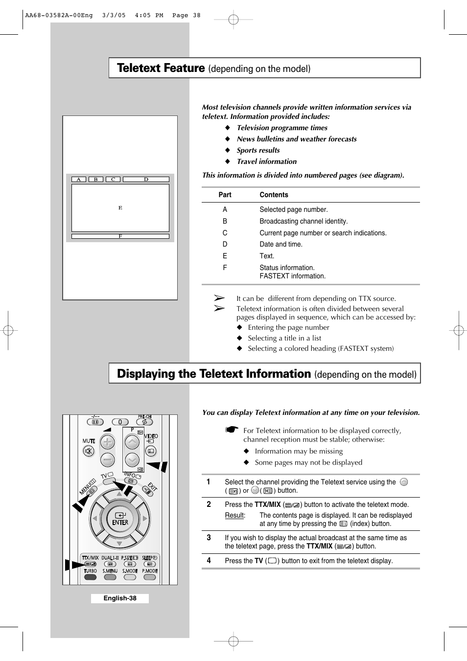 Teletext feature (depending on the model), Teletext feature, Displaying the teletext information | Depending on the model) | Samsung CS29K30MLDXAAG User Manual | Page 38 / 48