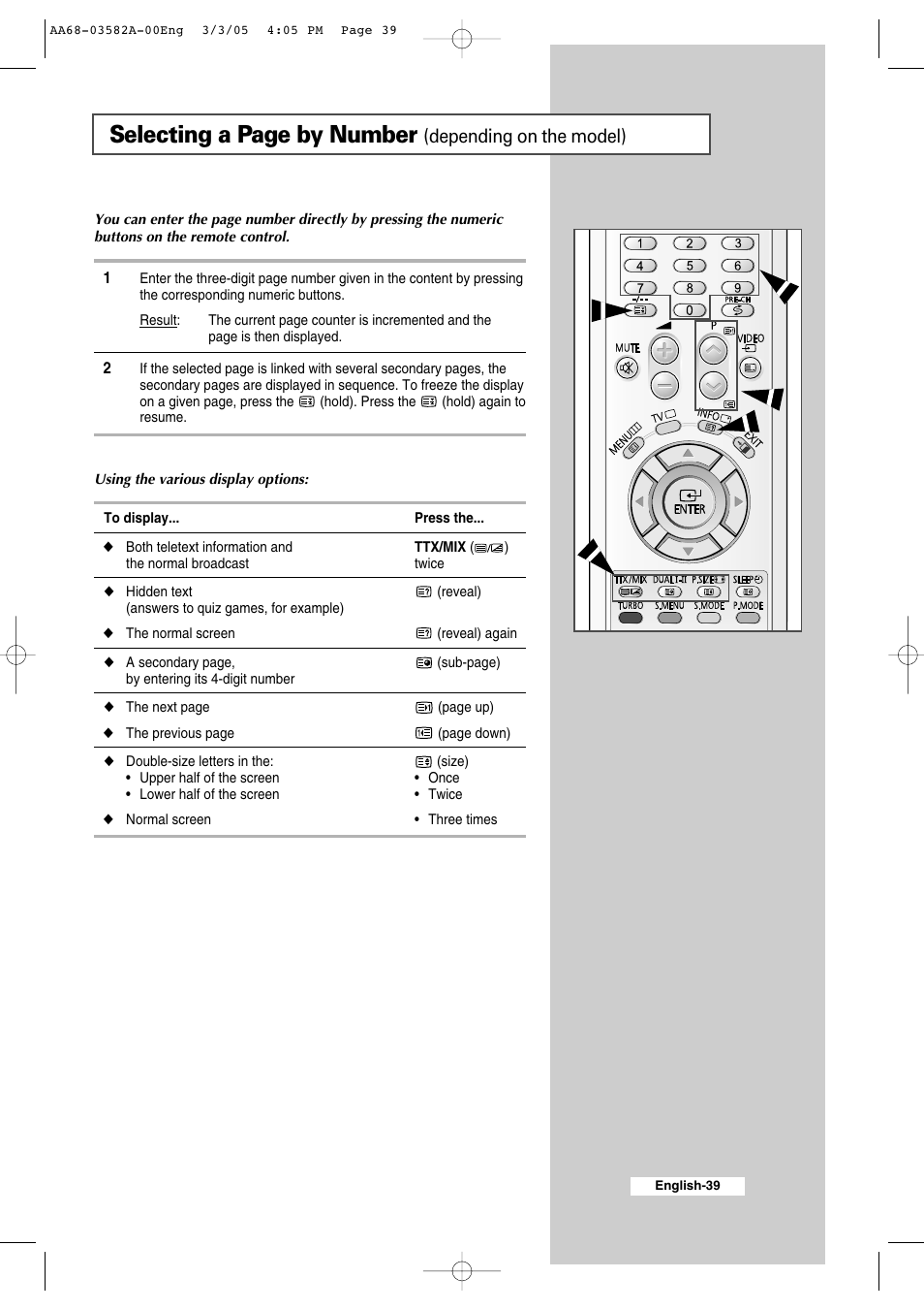 Selecting a page by number, Depending on the model) | Samsung CS29K30MLDXAAG User Manual | Page 39 / 48