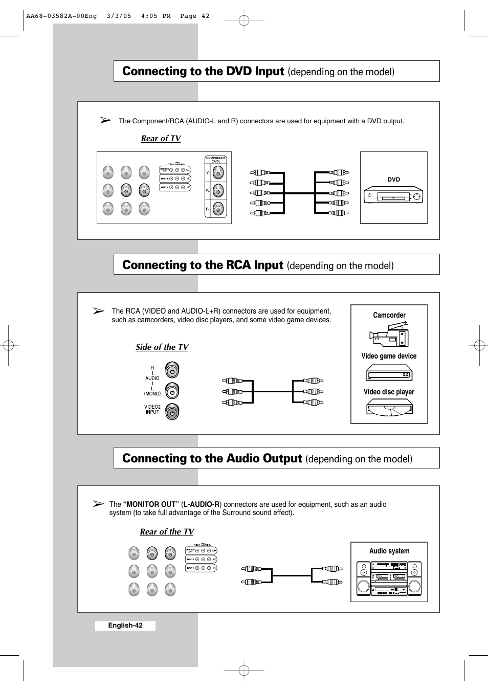 Connecting to the audio output, Connecting to the dvd input, Connecting to the rca input | Samsung CS29K30MLDXAAG User Manual | Page 42 / 48