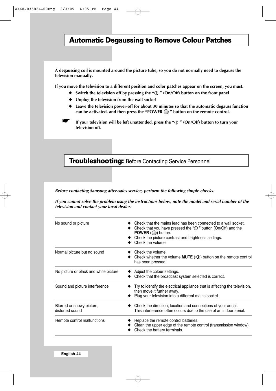 Recommendations for use, Automatic degaussing to remove colour patches, Troubleshooting | Before contacting service personnel | Samsung CS29K30MLDXAAG User Manual | Page 44 / 48