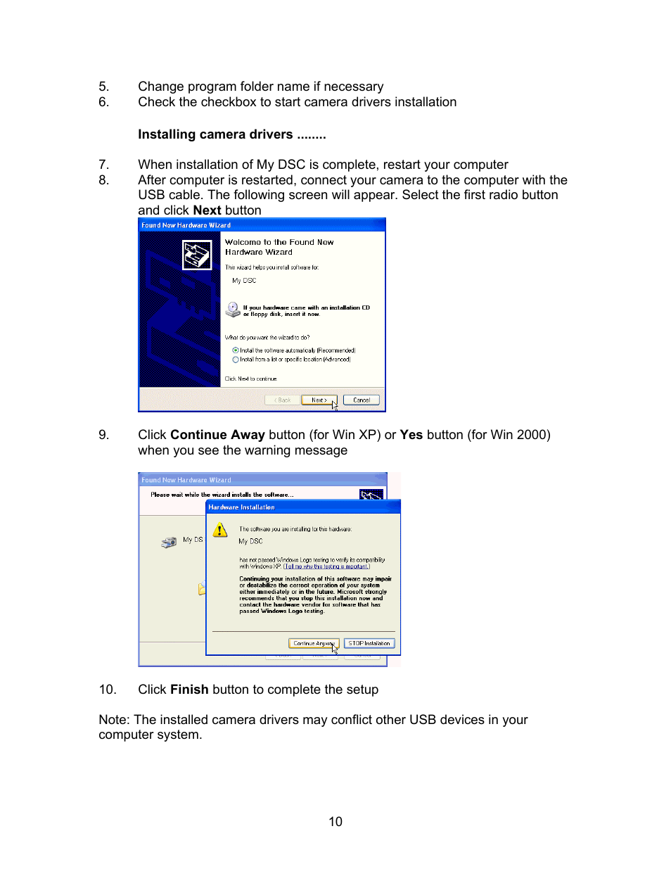 Installing camera drivers | Argus Camera DC1500N User Manual | Page 11 / 26