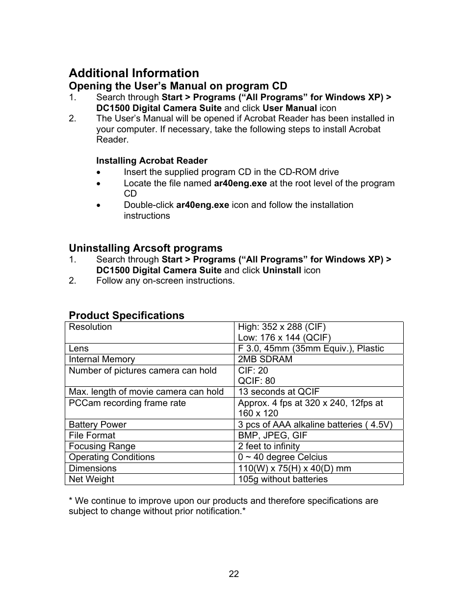 Additional information, Opening the user’s manual on program cd, Installing acrobat reader | Uninstalling arcsoft programs, Product specifications | Argus Camera DC1500N User Manual | Page 23 / 26