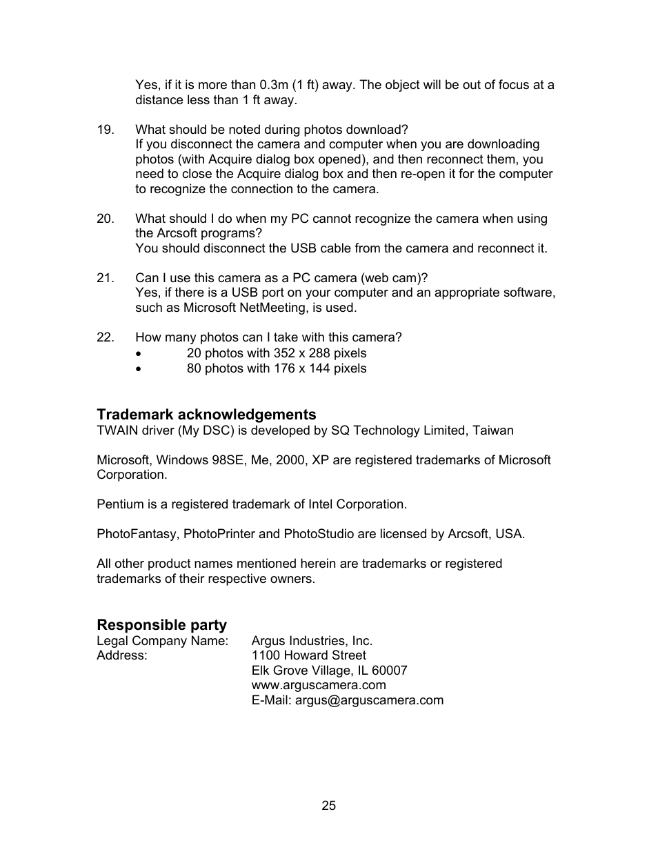 Trademark acknowledgements, Responsible party, Trademark acknowledgements responsible party | Argus Camera DC1500N User Manual | Page 26 / 26