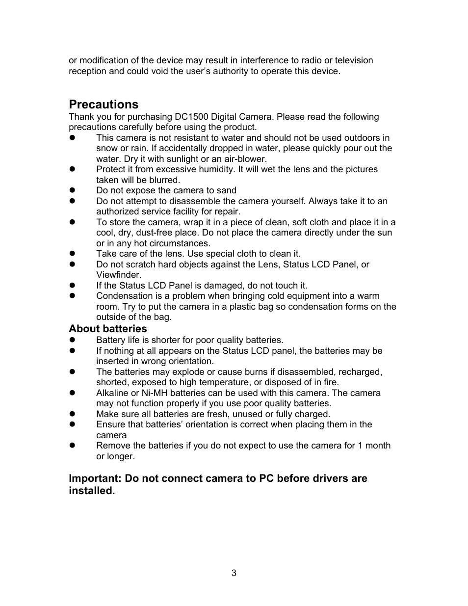 Precautions, About batteries | Argus Camera DC1500N User Manual | Page 4 / 26