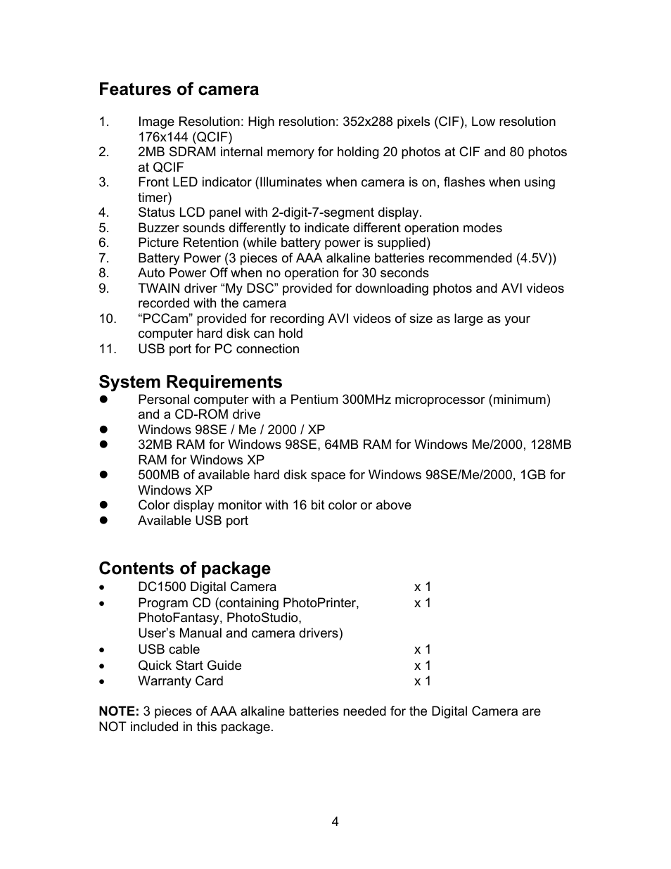 Features of camera, System requirements, Contents of package | Argus Camera DC1500N User Manual | Page 5 / 26