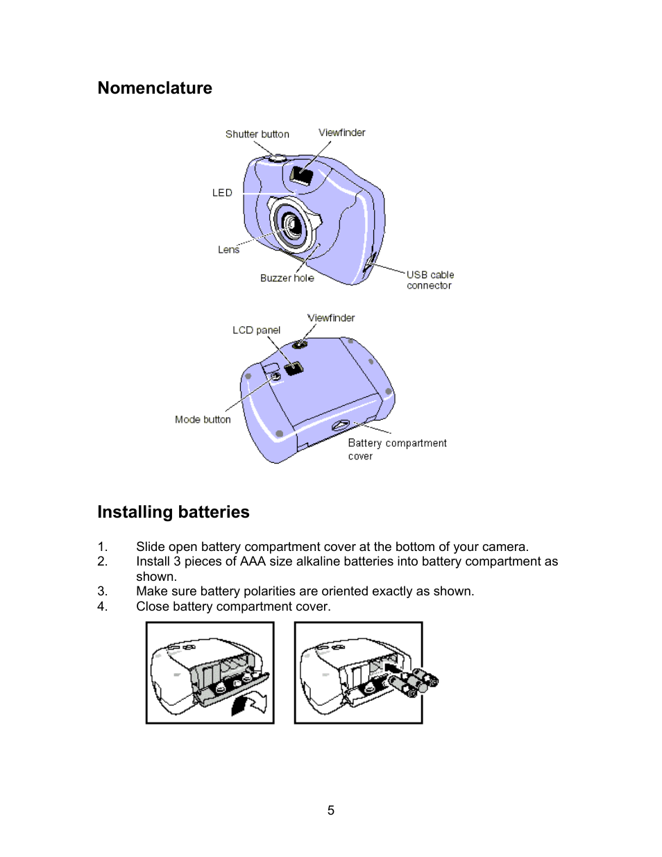 Nomenclature, Installing batteries, Nomenclature installing batteries | Argus Camera DC1500N User Manual | Page 6 / 26