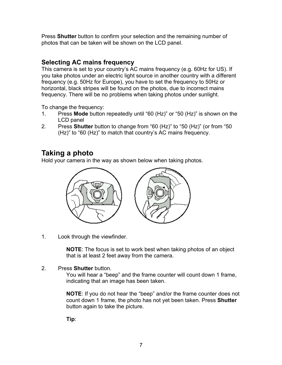 Selecting ac mains frequency, Taking a photo | Argus Camera DC1500N User Manual | Page 8 / 26