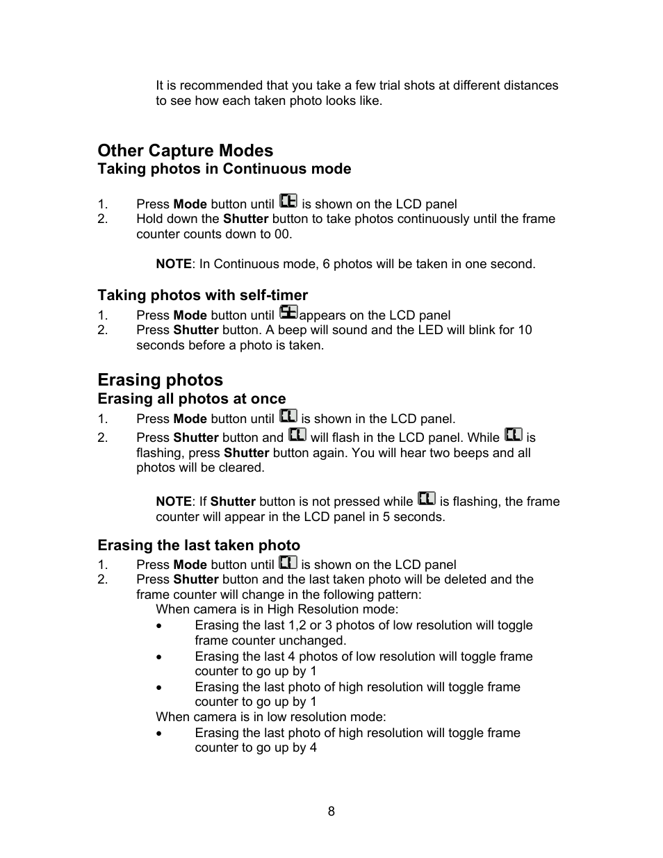 Other capture modes, Taking photos in continuous mode, Taking photos with self-timer | Erasing photos, Erasing all photos at once, Erasing the last taken photo | Argus Camera DC1500N User Manual | Page 9 / 26