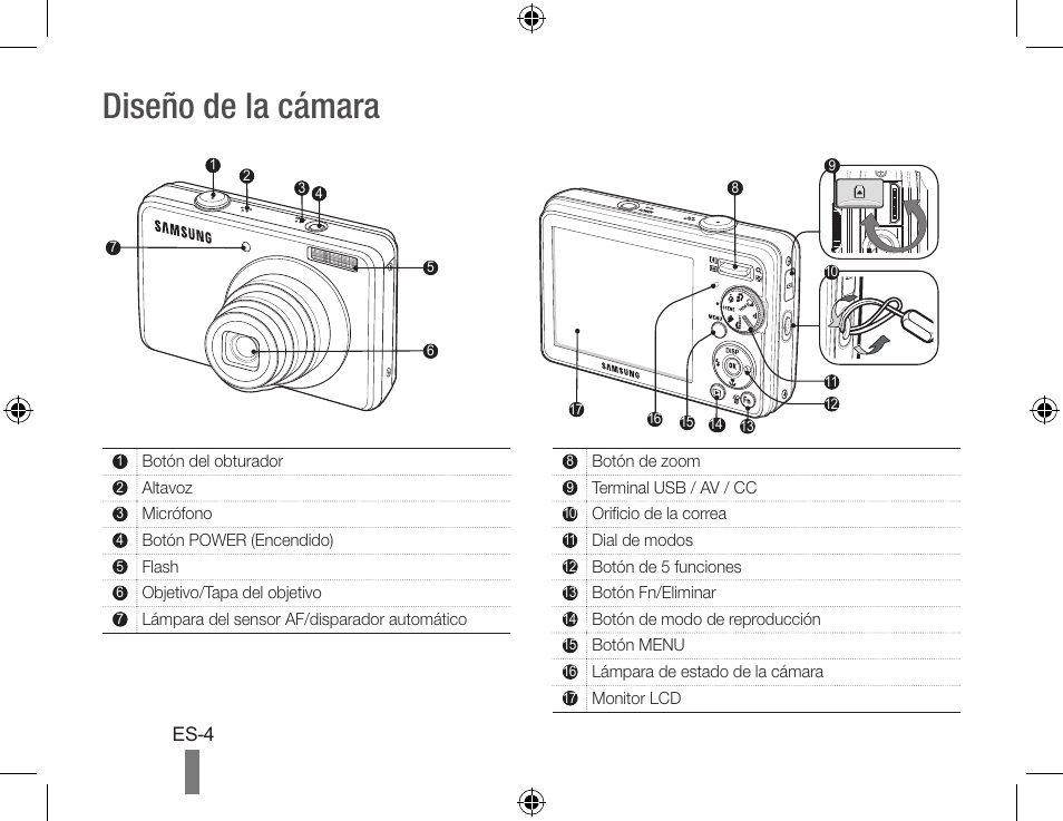 Diseño de la cámara | Samsung EC-SL420SBP-US User Manual | Page 14 / 22