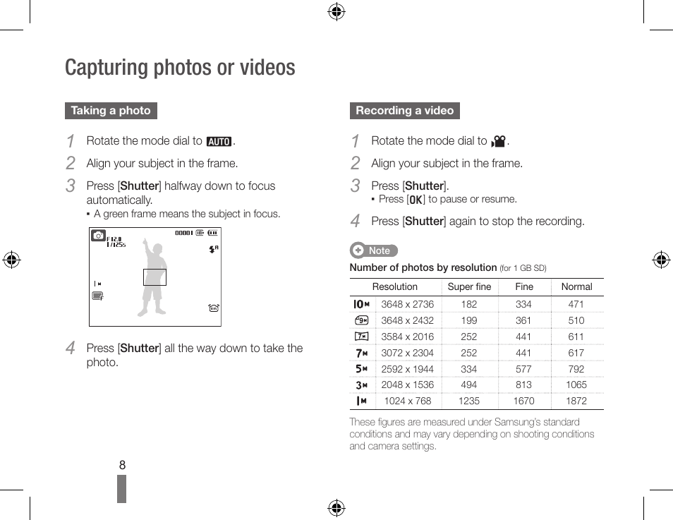 Capturing photos or videos | Samsung EC-SL420SBP-US User Manual | Page 8 / 22