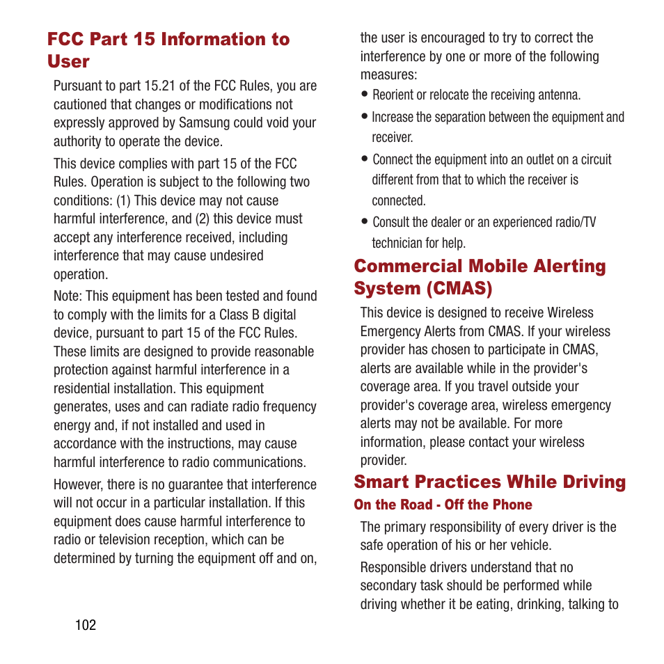 Fcc part 15 information to user, Commercial mobile alerting system (cmas), Smart practices while driving | Cmas) | Samsung SPH-M390ZSAVMU User Manual | Page 106 / 133