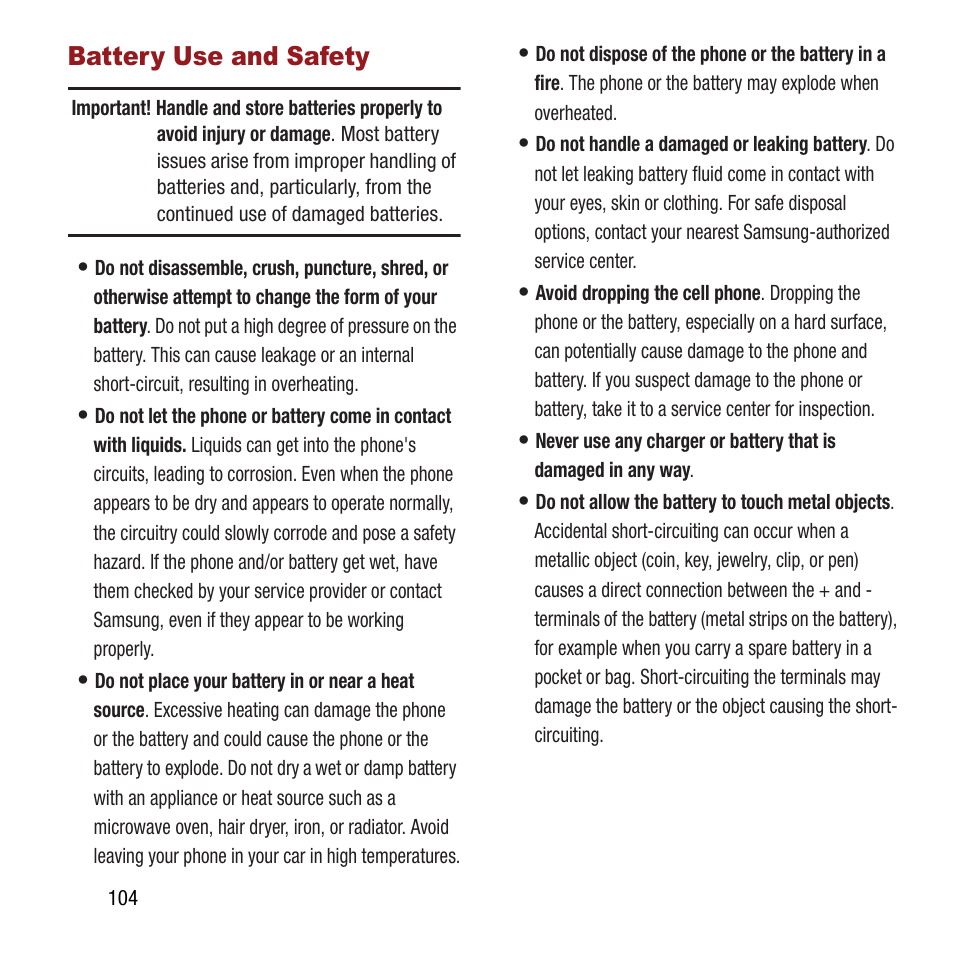 Battery use and safety | Samsung SPH-M390ZSAVMU User Manual | Page 108 / 133