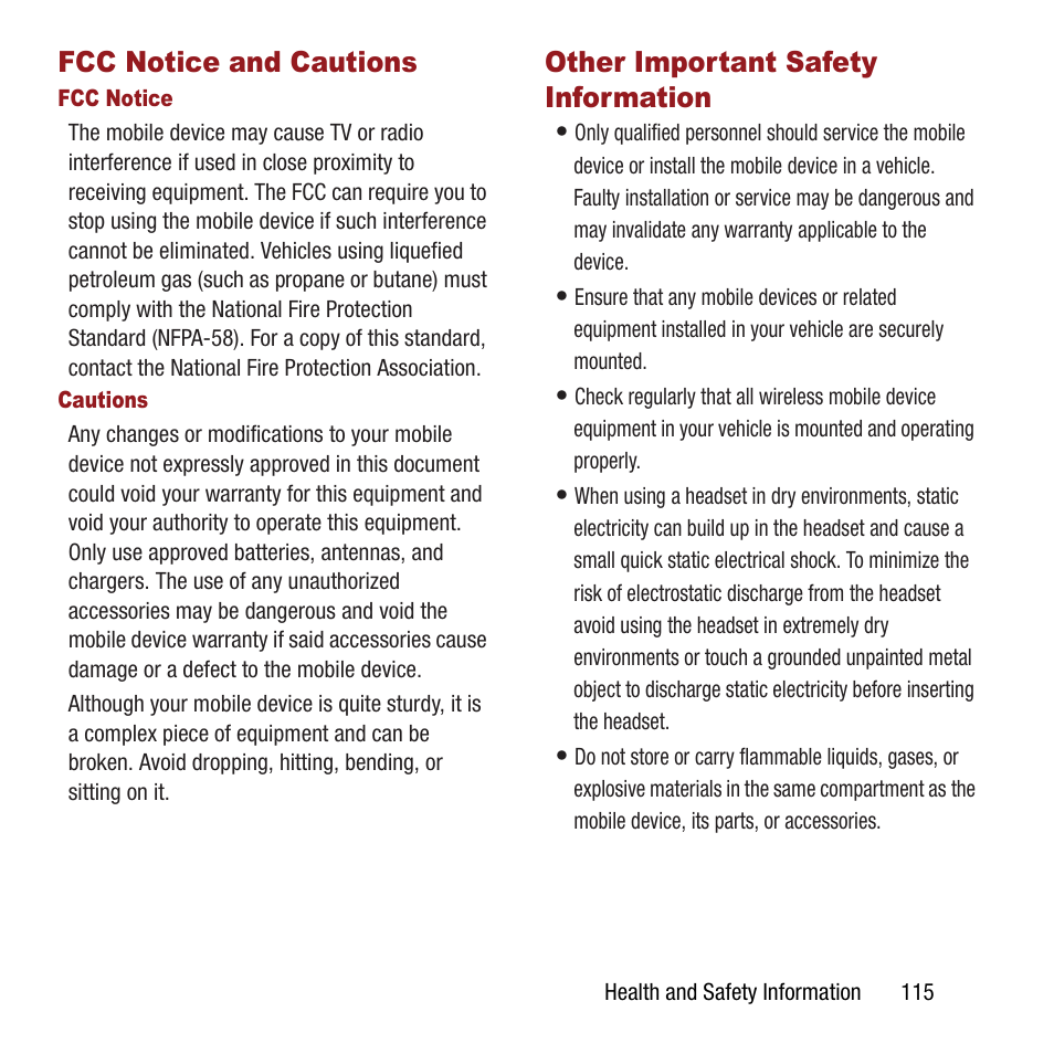 Fcc notice and cautions, Other important safety information | Samsung SPH-M390ZSAVMU User Manual | Page 119 / 133