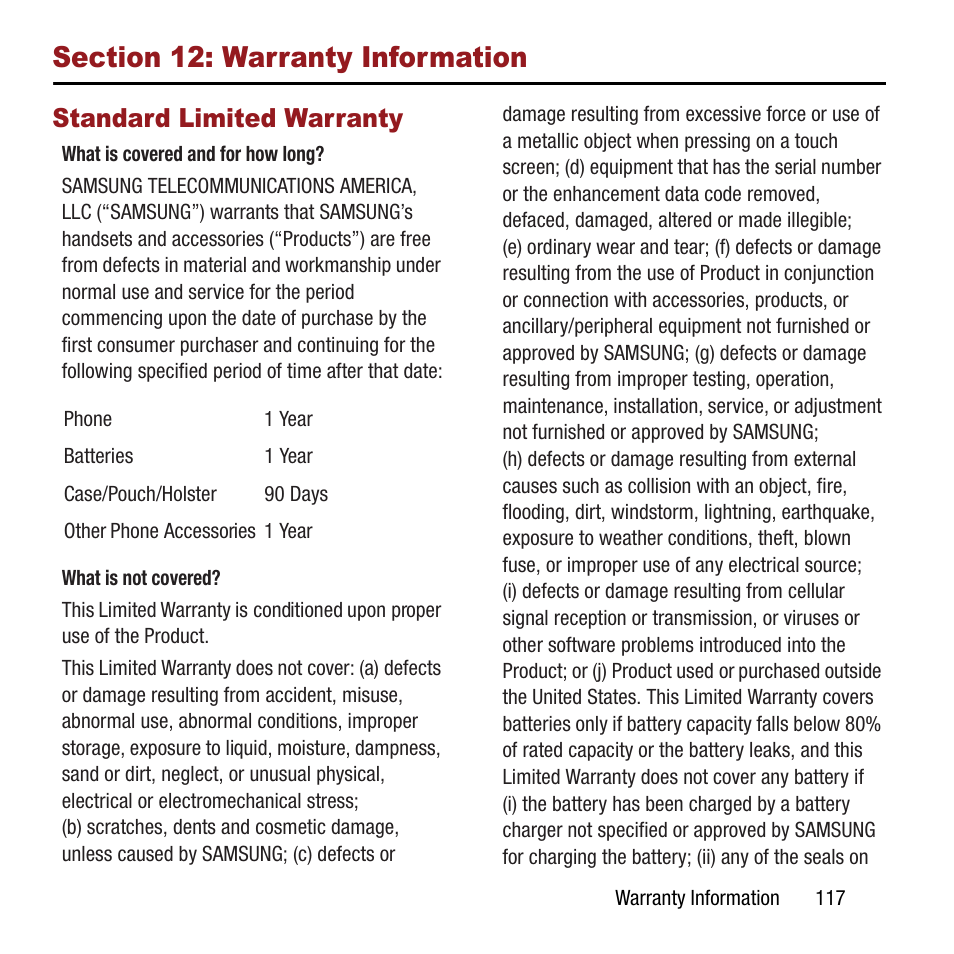 Section 12: warranty information, Standard limited warranty, Section 12: warranty information 117 | Samsung SPH-M390ZSAVMU User Manual | Page 121 / 133