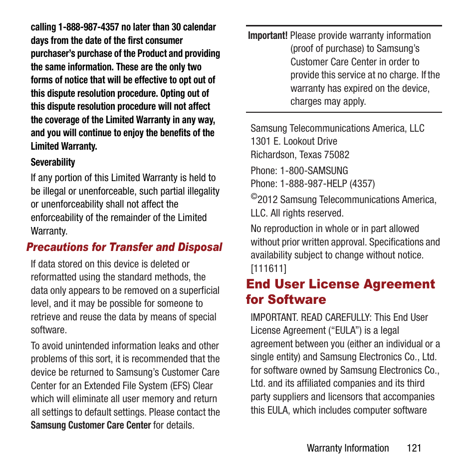 End user license agreement for software, End user license agreement for, Software | Samsung SPH-M390ZSAVMU User Manual | Page 125 / 133