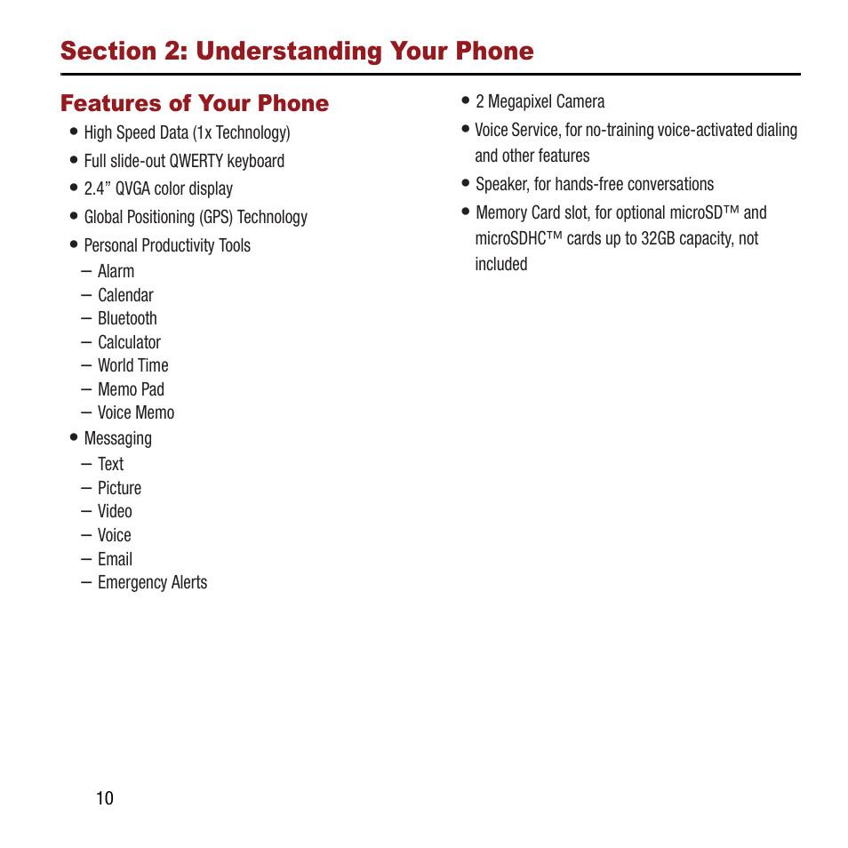 Section 2: understanding your phone, Features of your phone | Samsung SPH-M390ZSAVMU User Manual | Page 14 / 133