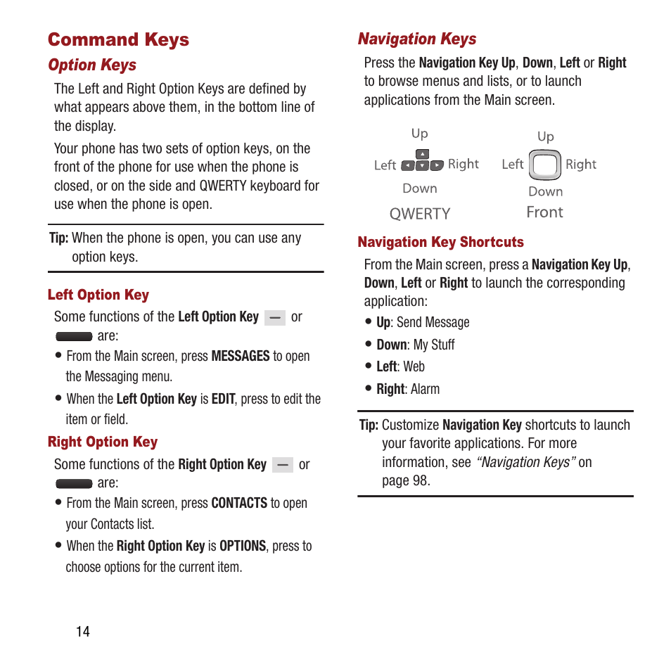 Command keys | Samsung SPH-M390ZSAVMU User Manual | Page 18 / 133