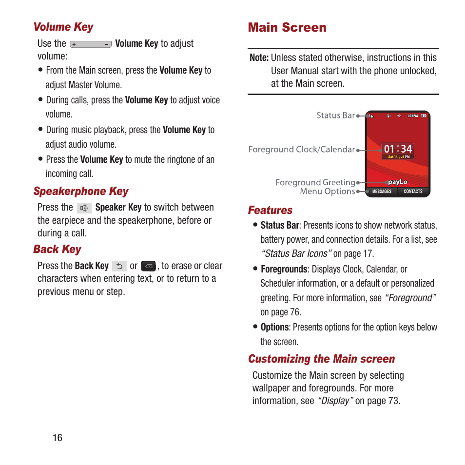 Main screen | Samsung SPH-M390ZSAVMU User Manual | Page 20 / 133