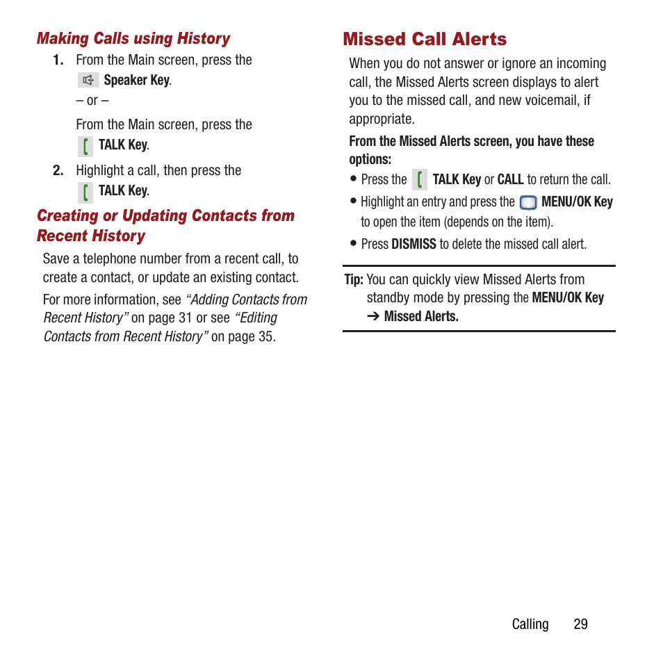 Missed call alerts | Samsung SPH-M390ZSAVMU User Manual | Page 33 / 133