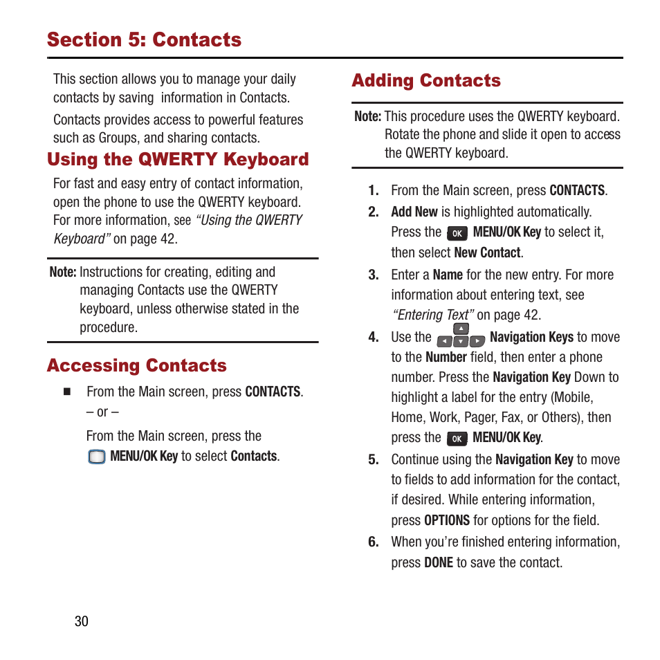 Section 5: contacts, Using the qwerty keyboard, Accessing contacts | Adding contacts | Samsung SPH-M390ZSAVMU User Manual | Page 34 / 133