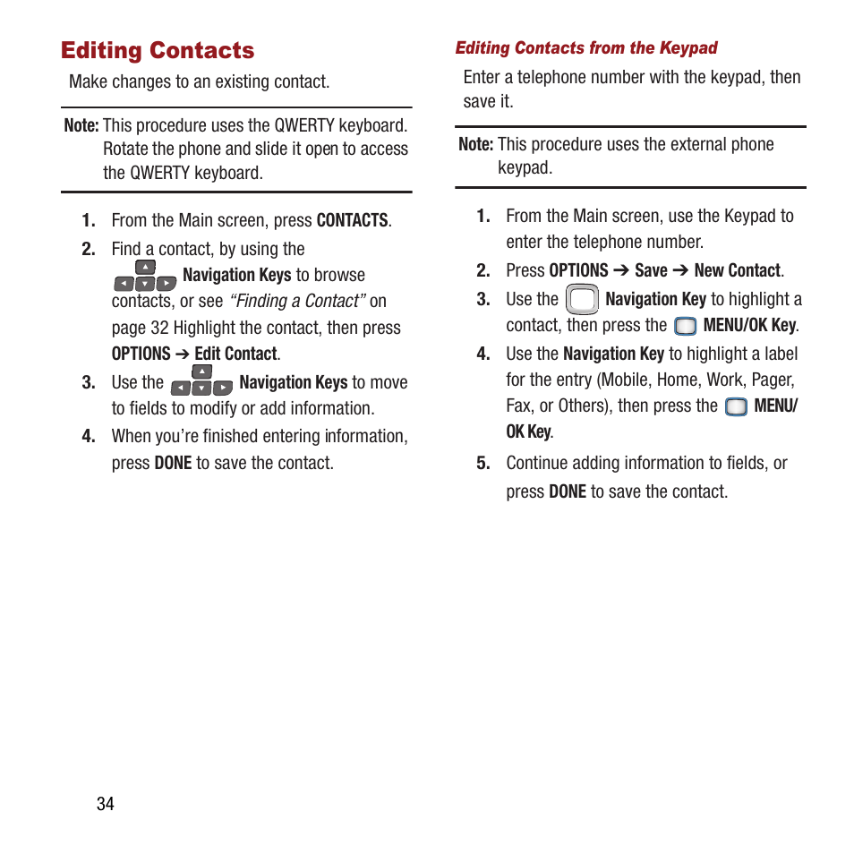 Editing contacts | Samsung SPH-M390ZSAVMU User Manual | Page 38 / 133